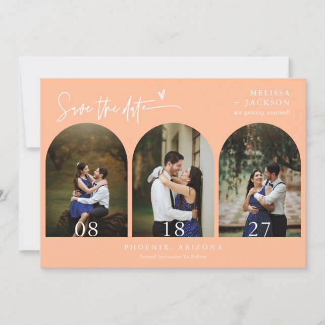 Convites Peach Boho Arch Photo Código QR Salvar Data (Frente)