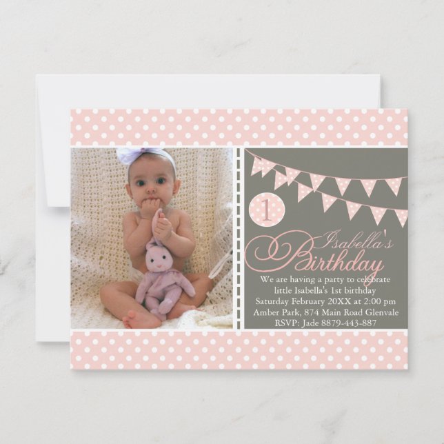Convites Peach Bolinhas Bunting First Birthday Invite (Frente)