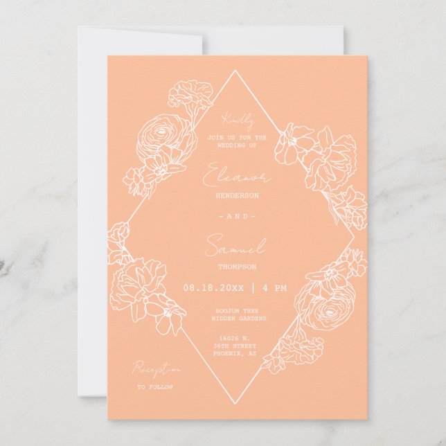 Convites Peach Botanical Line Art Boho QR Code Foto (Frente)