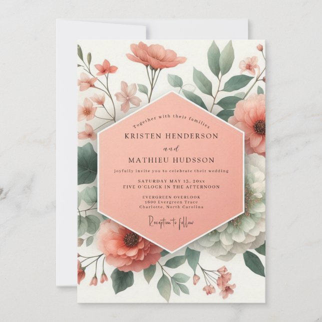 Convites Peach Botanical Romance Wedding (Frente)