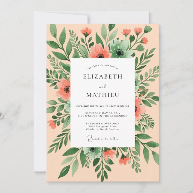 Convites Peach Breezy Watercolor Wedding (Frente)