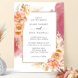 Convites Peach Burgundy Blush Floral, Casamento Watercolor