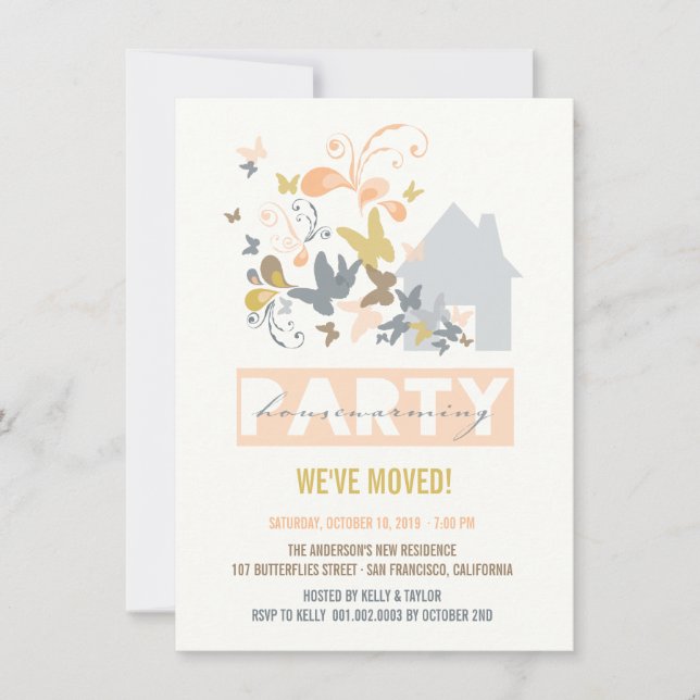 Convites Peach Butterflies Burst House Warming Party (Frente)