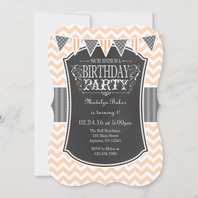 Convites Peach Chalkboard Chevron Birthday Invite (Frente)