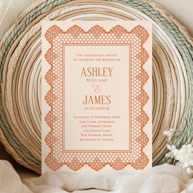 Convites Peach Chantilly Lace Border All in One Wedding (Criador carregado)