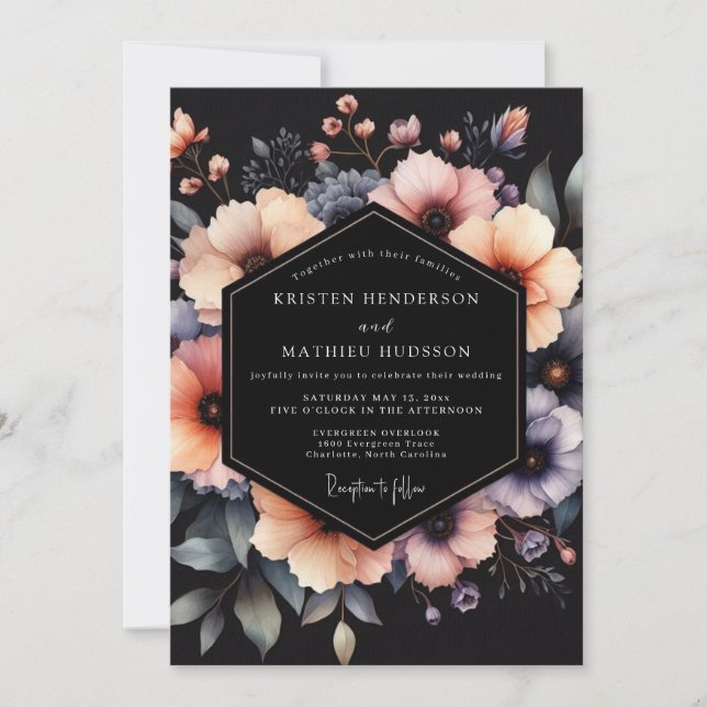 Convites Peach Charcoal Dramatic Bloom Wedding (Frente)