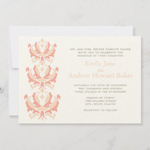 Convites Peach Coral and Mushroom Damask Wedding Invitation