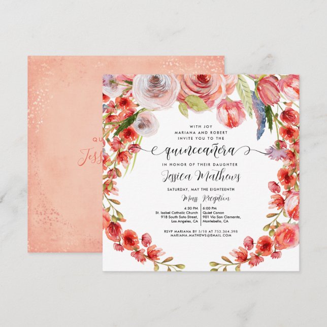 Convites Peach Coral Floral e Glitter Quinceañera (Frente/Verso)