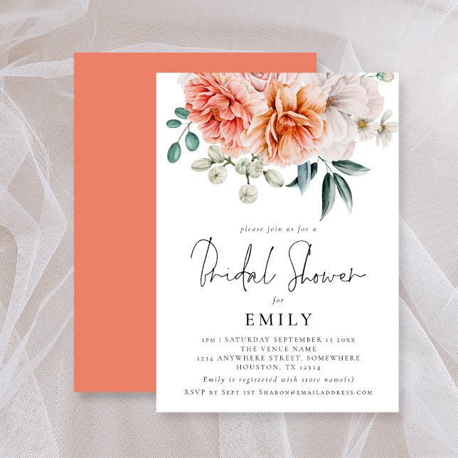 Convites Peach Coral Peonies Florals Chá de panela (Criador carregado)