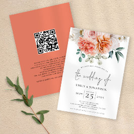Convites Peach Coral Peonies Florals Código QR Casamento