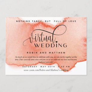 Convites Peach Coral Watercolor, Casamento Virtual Online