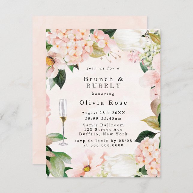 Convites Peach Cream Hydrangeas Brunch e Bubbles Invite (Frente/Verso)