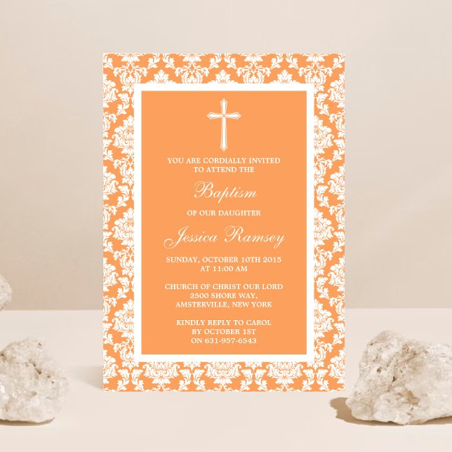 Convites Peach Damask Cross Baptism Ou Christening (Criador carregado)