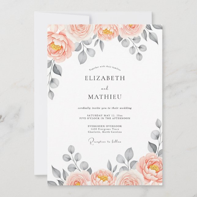 Convites Peach Delightful Watercolor Wedding (Frente)