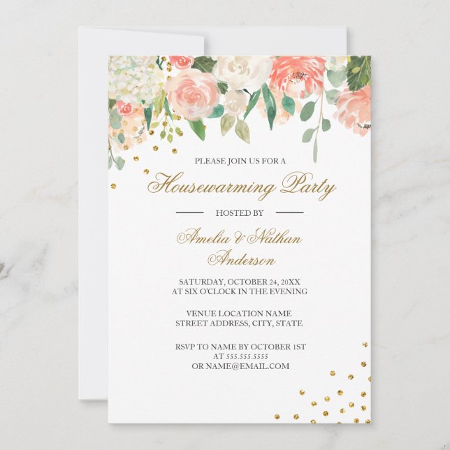 Convites Peach Dourada Watercolor Floral Housearming (Frente)