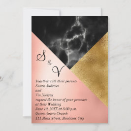 Convites Peach Dourado e Black Marble Geométrico