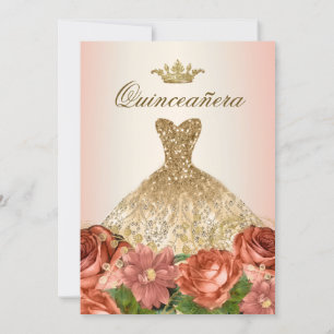 Convites Peach Dourado Floral Rosas Quinceanera