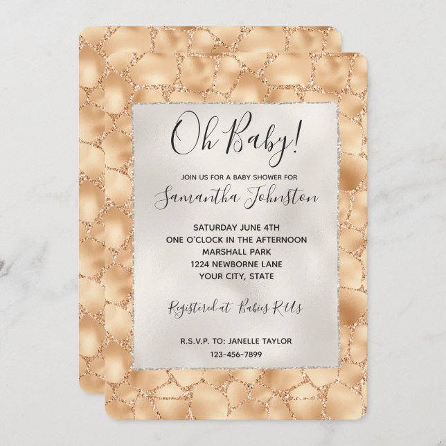 Convites Peach Dourado Glitter Glam Sparkle Giraffe Impress (Frente/Verso)