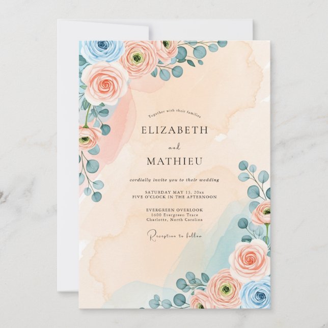 Convites Peach Dreamy Watercolor Wedding (Frente)
