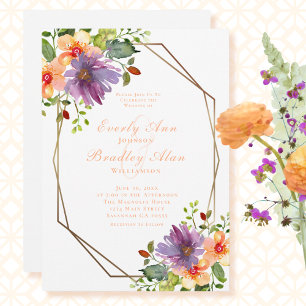 Convites Peach Dusty Purple Floral Sem Foto Casamento