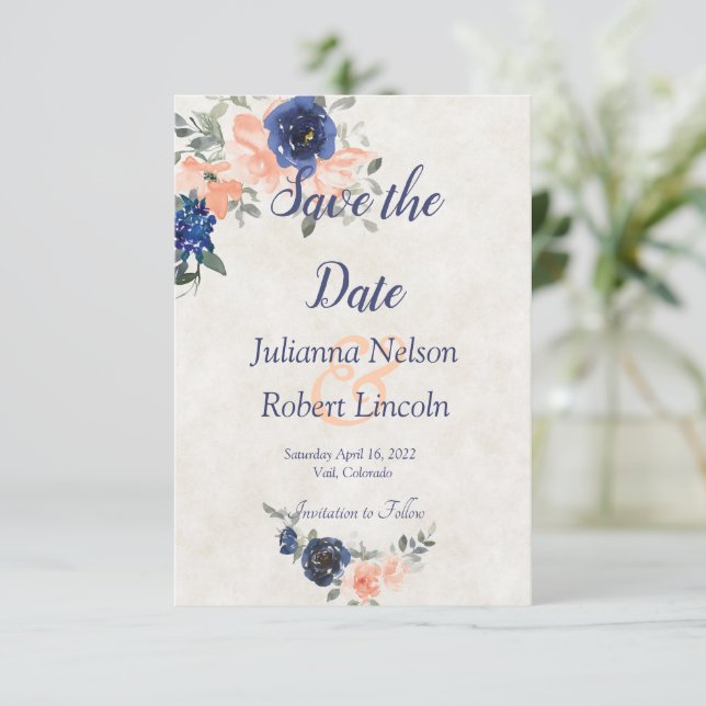 Convites Peach e azul aquarela floral salvar a data (Em pé/Frente)
