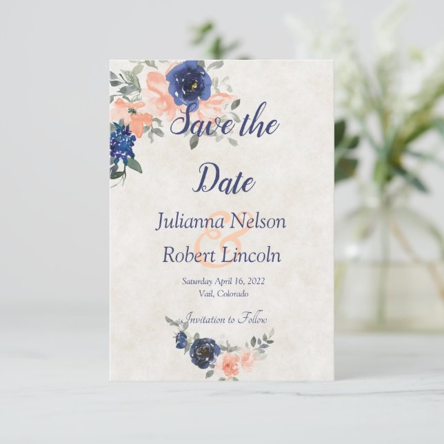 Convites Peach e azul aquarela floral salvar a data (Em pé/Frente)