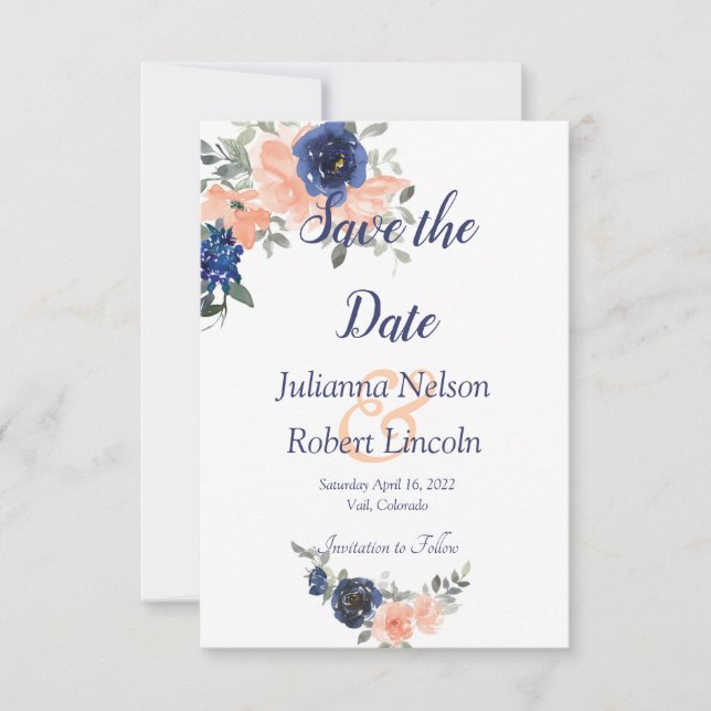 Convites Peach e azul aquarela floral salvar a data (Frente)