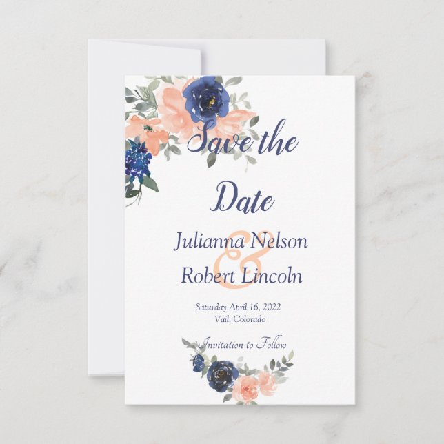 Convites Peach e azul aquarela floral salvar a data (Frente)