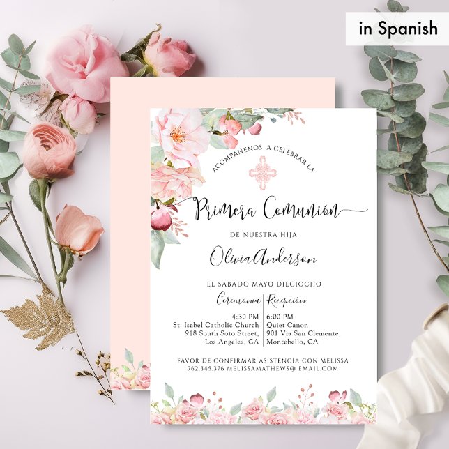 Convites Peach e Mint Floral da Primeira Comunhão Espanhol (Criador carregado)