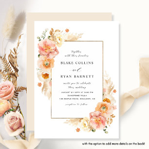 Convites Peach Elegante e Casamento Floral Delicado de Crem