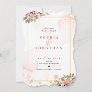 Convites Peach Elegante Neutral Watercolor Floral Casamento