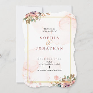 Convites Peach Elegante Neutral Watercolor Floral Casamento
