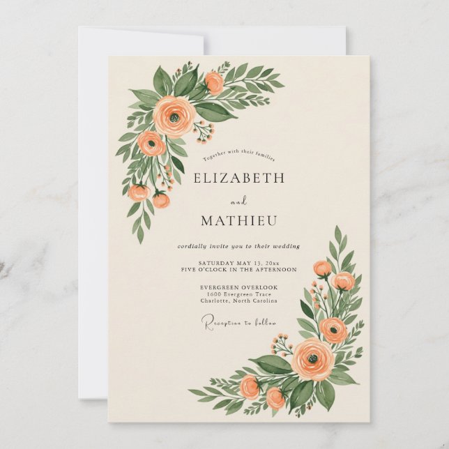 Convites Peach Enchanting Botanical Wedding (Frente)