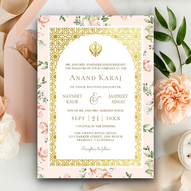 Convites Peach Floral Anand Karaj Punjabi Sikh Wedding (Criador carregado)