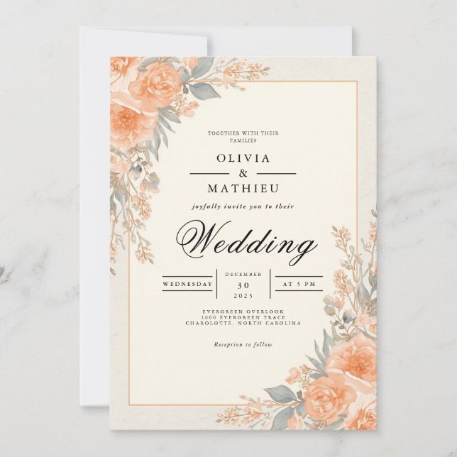 Convites Peach Floral Arch Flourish Weding (Frente)
