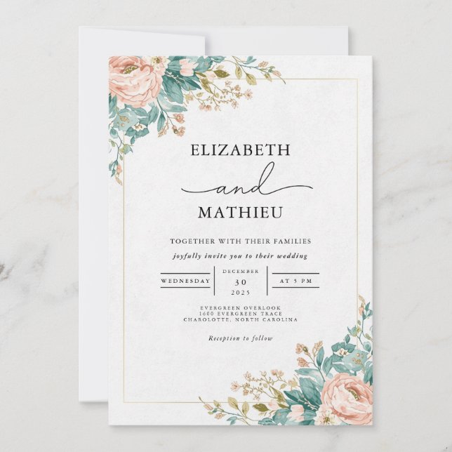 Convites Peach Floral Arch Wedding (Frente)