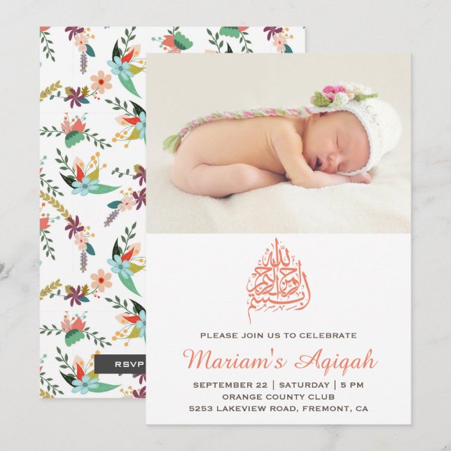 Convites Peach Floral Baby Girl Fotografia Aqiqah (Frente/Verso)