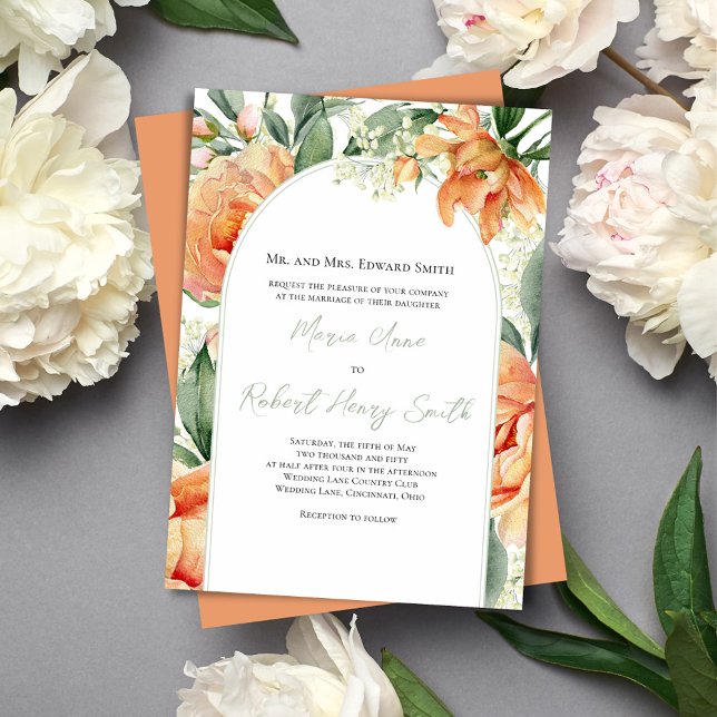 Convites Peach Floral Boho Arch de Casamento Elegante (beautiful peach floral wedding invitations. )