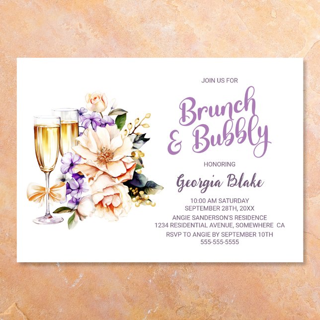 Convites Peach Floral Champagne Brunch e Bubble (Criador carregado)