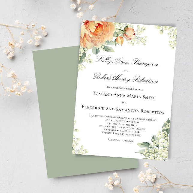 Convites Peach Floral Corner Greenery Script Elegant (Elegant peach floral wedding design displayed on mobile, perfect for modern sharing and stylish. )