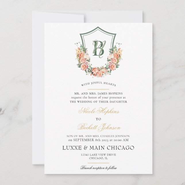 Convites Peach Floral Crest Wedding (Frente)