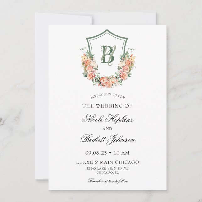 Convites Peach Floral Crest Wedding (Frente)