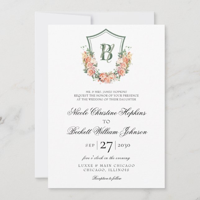 Convites Peach Floral Crest Wedding (Frente)