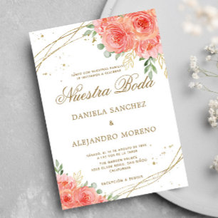 Convites Peach Floral Dourada Nuestra Boda Casamento Espanh