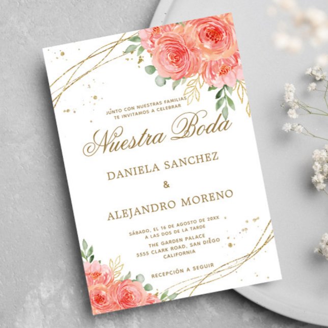 Convites Peach Floral Dourada Nuestra Boda Casamento Espanh (Criador carregado)