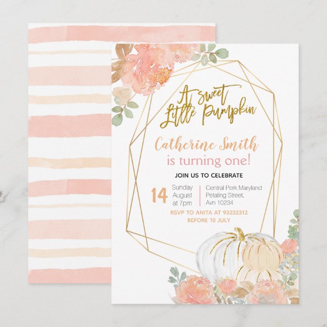 Convites Peach Floral Dourado Pumpkin primeiro aniversario (Frente/Verso)