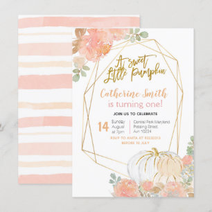 Convites Peach Floral Dourado Pumpkin primeiro aniversario