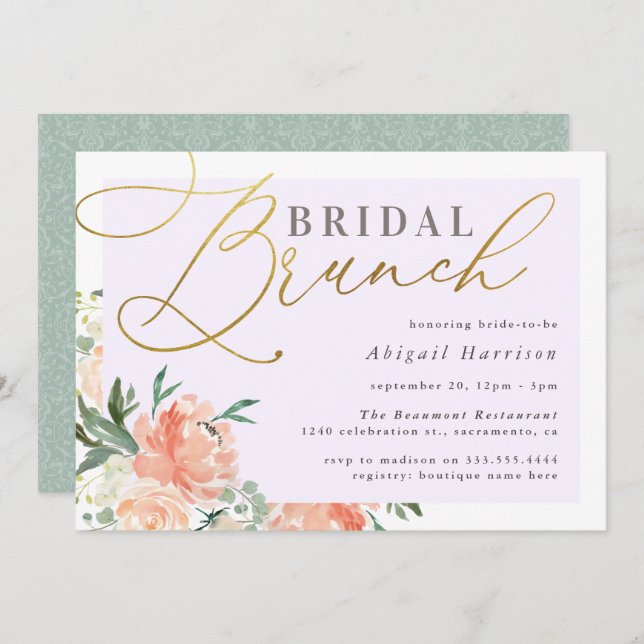 Convites Peach Floral Dourado Script Bridal Bridal Brunch (Frente/Verso)