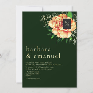 Convites Peach Floral Emerald Green Wedding