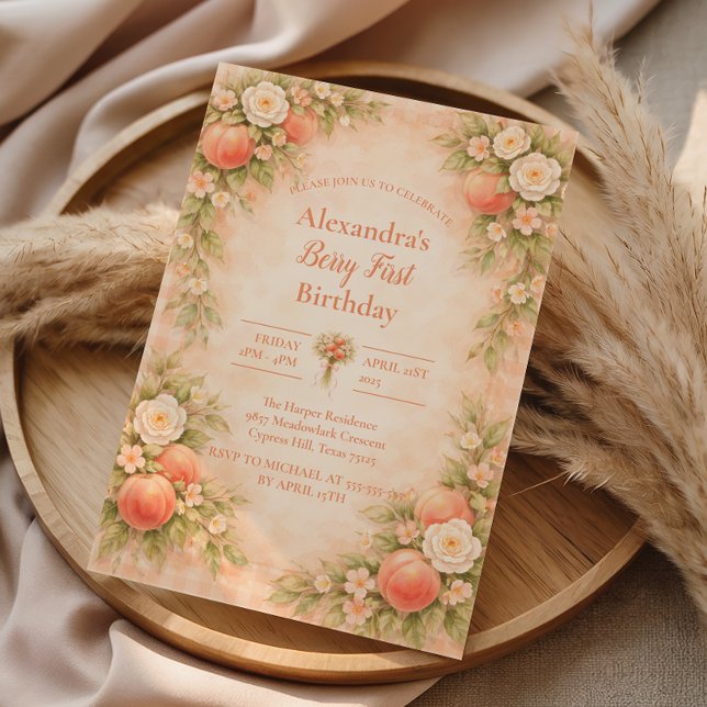 Convites Peach Floral Garden First Birthday 1st Birthday (Criador carregado)
